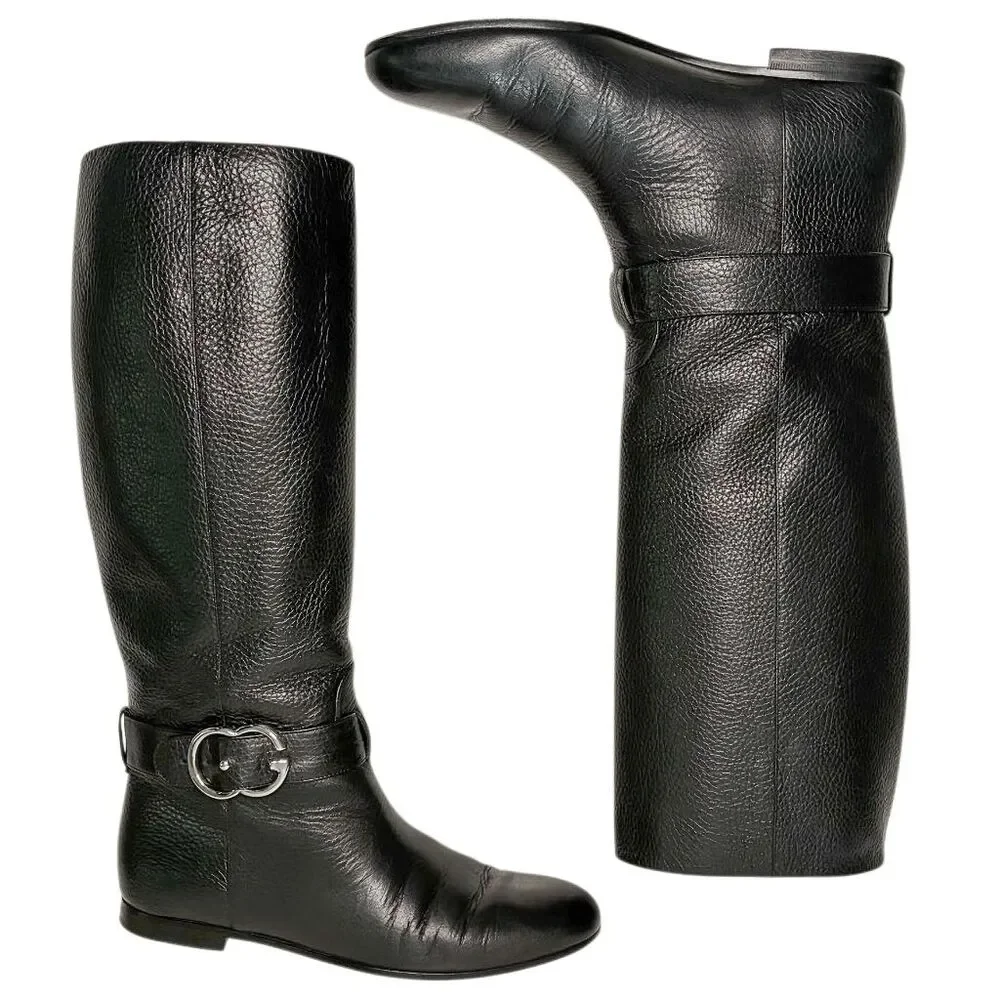 Gucci Sachalin Interlocking GG Riding Boots Black Leather EU 37 Knee High